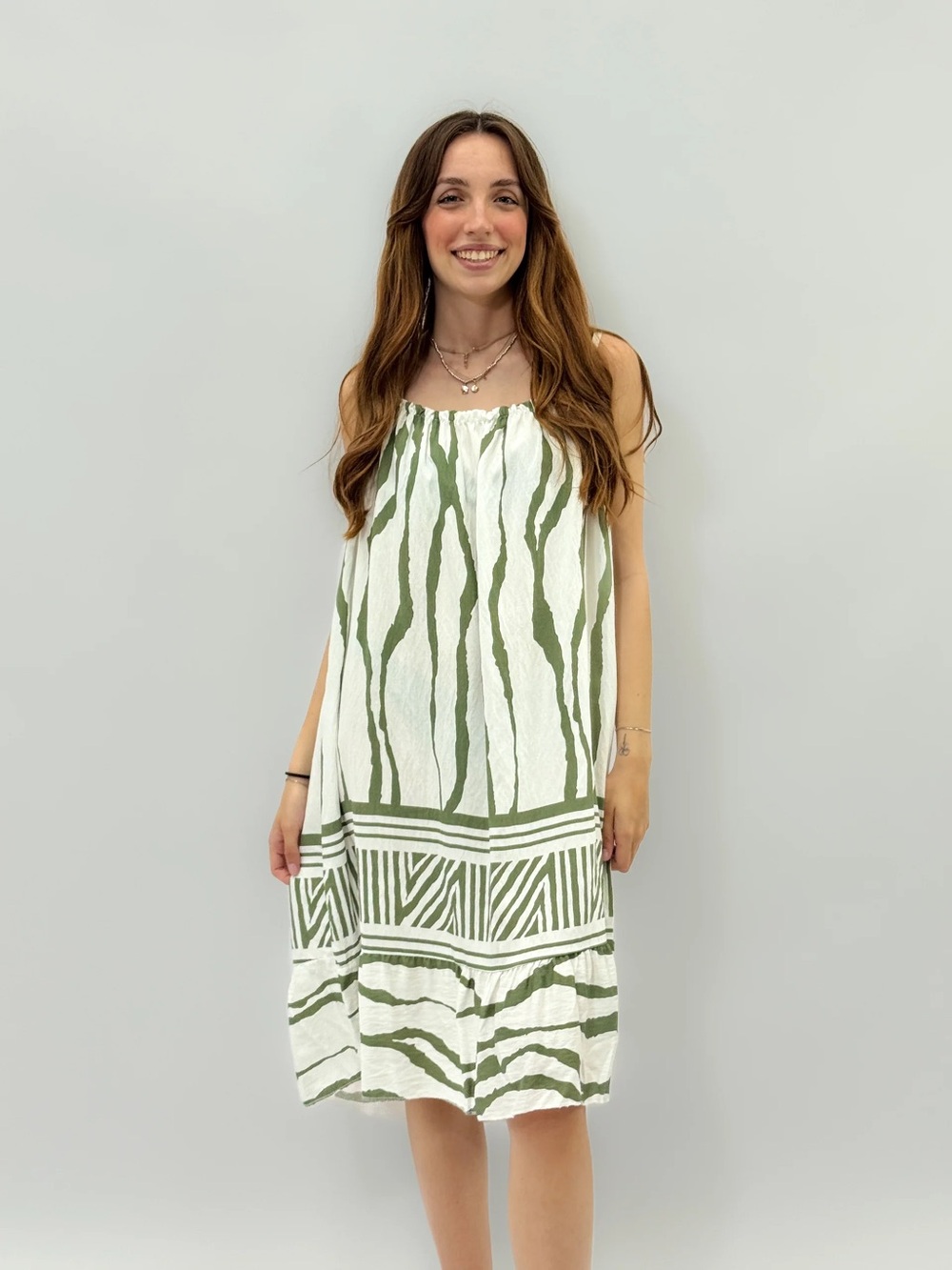 MaxModa Italy Patterned A-line tiered Sun Dress size L/XL NWT! White green